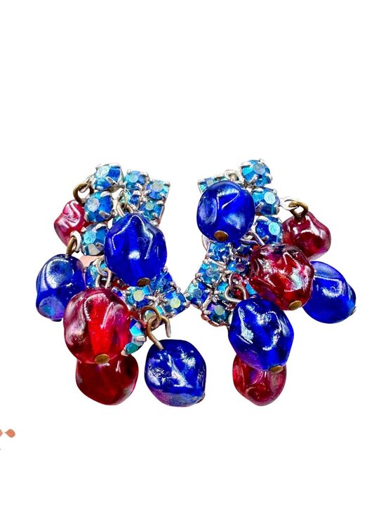 None Jewelry - Vintage Glass Cha Cha Bead Earrings Clip On AB Glass Rhinestone Prong Set 1.5"